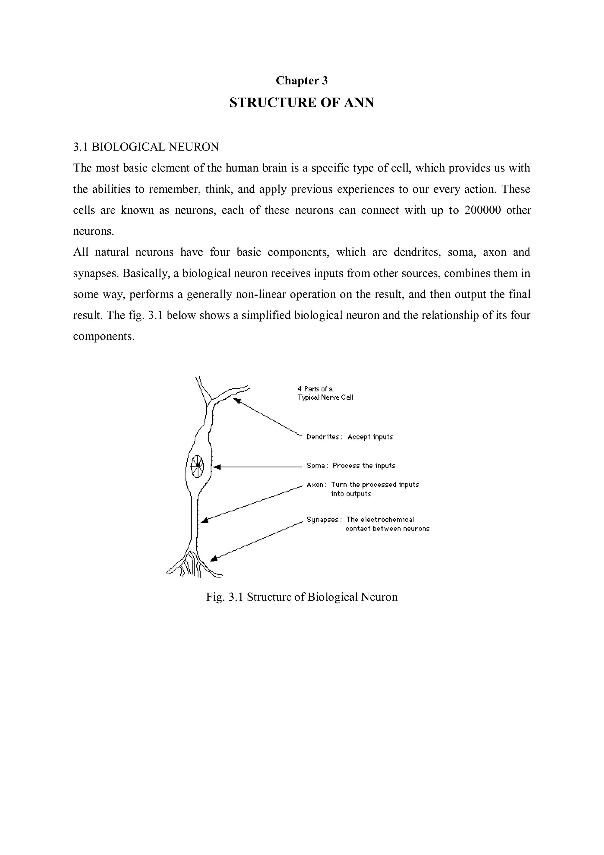Chapter 3
STRUCTURE OF ANN
3.1 BIOLOGICAL NEURON
The most basic element of the human brain is a specific type of cell, which provides us with
the abilities to remember, think, and apply previous experiences to our every action. These
cells are known as neurons, each of these neurons can connect with up to 200000 other
neurons.
All natural neurons have four basic components, which are dendrites, soma, axon and
synapses. Basically, a biological neuron receives inputs from other sources, combines them in
some way, performs a generally non-linear operation on the result, and then output the final
result. The fig. 3.1 below shows a simplified biological neuron and the relationship of its four
components.
Fig. 3.1 Structure of Biological Neuron
 