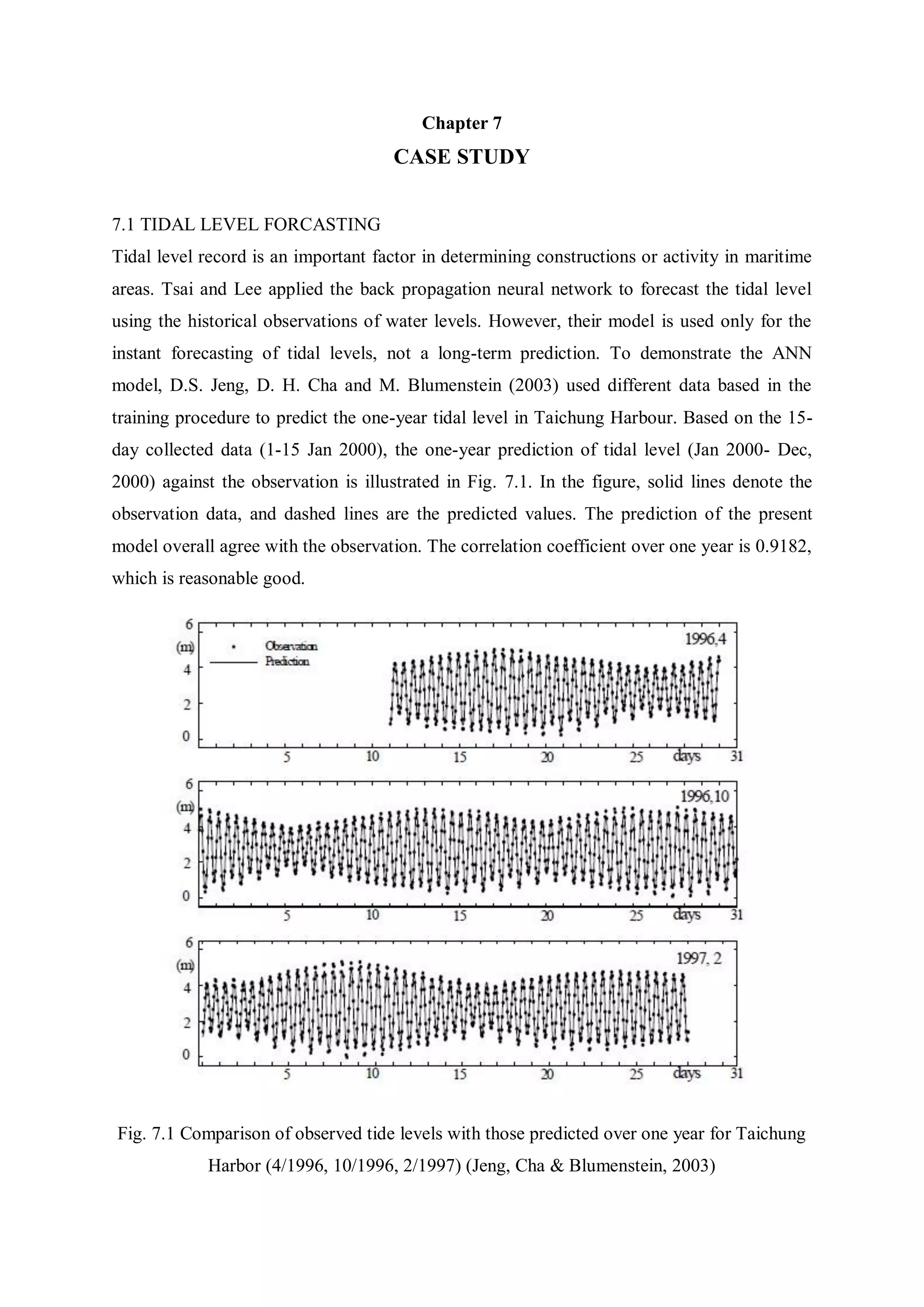 Chapter 7
CASE STUDY
7.1 TIDAL LEVEL FORCASTING
Tidal level record is an important factor in determining constructions or activity in maritime
areas. Tsai and Lee applied the back propagation neural network to forecast the tidal level
using the historical observations of water levels. However, their model is used only for the
instant forecasting of tidal levels, not a long-term prediction. To demonstrate the ANN
model, D.S. Jeng, D. H. Cha and M. Blumenstein (2003) used different data based in the
training procedure to predict the one-year tidal level in Taichung Harbour. Based on the 15-
day collected data (1-15 Jan 2000), the one-year prediction of tidal level (Jan 2000- Dec,
2000) against the observation is illustrated in Fig. 7.1. In the figure, solid lines denote the
observation data, and dashed lines are the predicted values. The prediction of the present
model overall agree with the observation. The correlation coefficient over one year is 0.9182,
which is reasonable good.
Fig. 7.1 Comparison of observed tide levels with those predicted over one year for Taichung
Harbor (4/1996, 10/1996, 2/1997) (Jeng, Cha & Blumenstein, 2003)
 