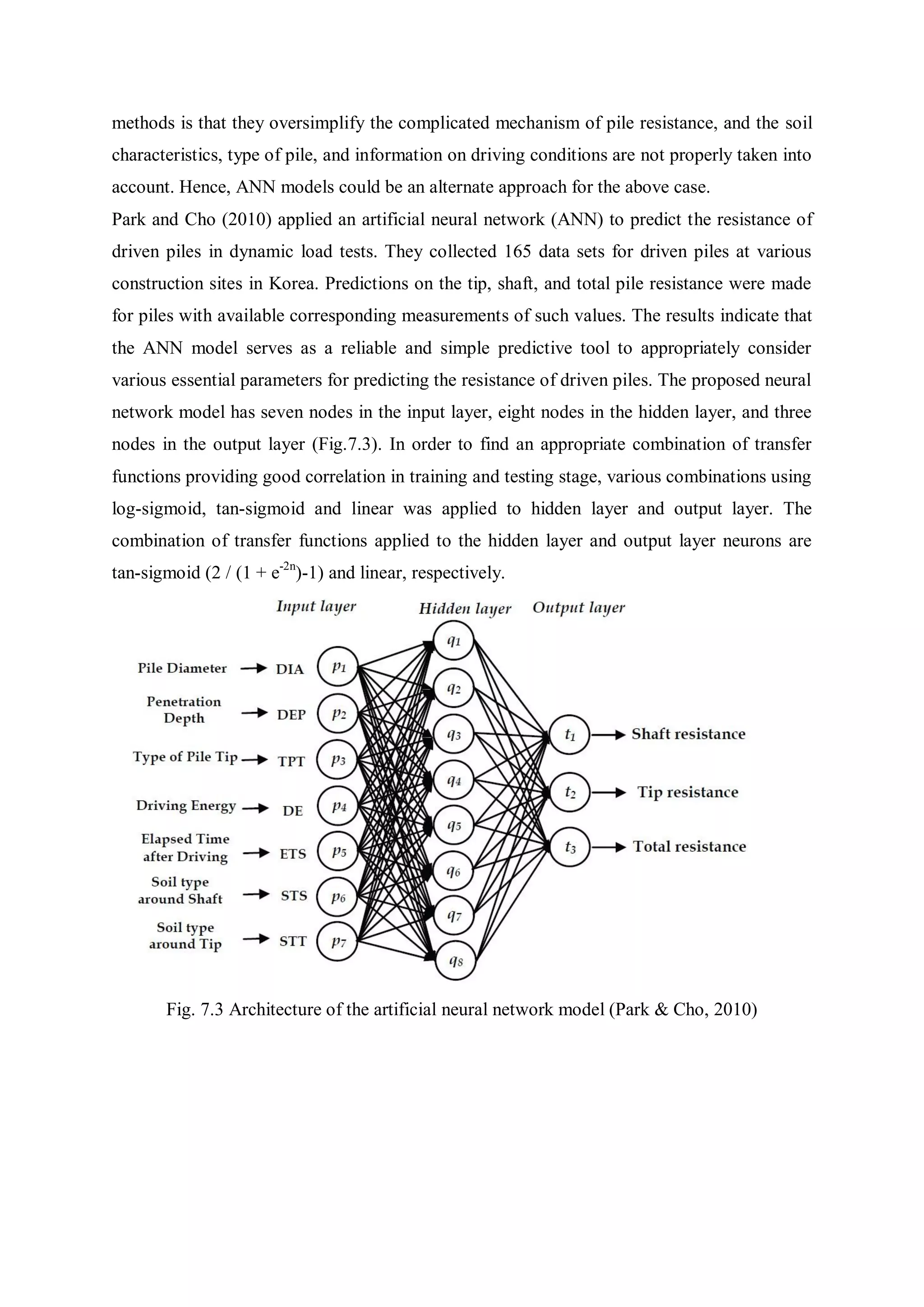 methods is that they oversimplify the complicated mechanism of pile resistance, and the soil
characteristics, type of pile, and information on driving conditions are not properly taken into
account. Hence, ANN models could be an alternate approach for the above case.
Park and Cho (2010) applied an artificial neural network (ANN) to predict the resistance of
driven piles in dynamic load tests. They collected 165 data sets for driven piles at various
construction sites in Korea. Predictions on the tip, shaft, and total pile resistance were made
for piles with available corresponding measurements of such values. The results indicate that
the ANN model serves as a reliable and simple predictive tool to appropriately consider
various essential parameters for predicting the resistance of driven piles. The proposed neural
network model has seven nodes in the input layer, eight nodes in the hidden layer, and three
nodes in the output layer (Fig.7.3). In order to find an appropriate combination of transfer
functions providing good correlation in training and testing stage, various combinations using
log-sigmoid, tan-sigmoid and linear was applied to hidden layer and output layer. The
combination of transfer functions applied to the hidden layer and output layer neurons are
tan-sigmoid (2 / (1 + e-2n
)-1) and linear, respectively.
Fig. 7.3 Architecture of the artificial neural network model (Park & Cho, 2010)
 