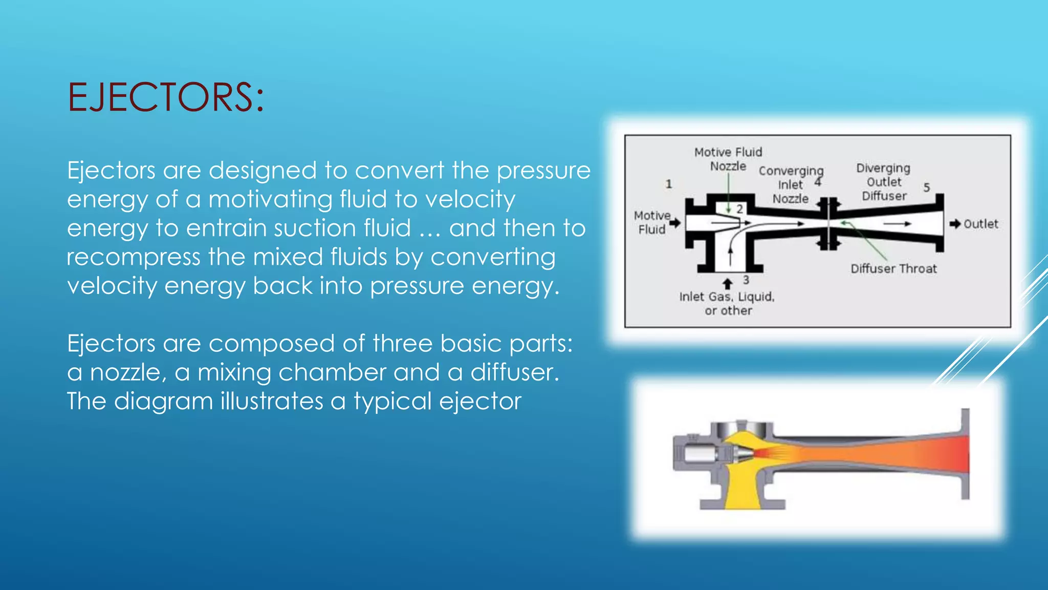 EJECTORS:
Ejectors are designed to convert the pressure
energy of a motivating fluid to velocity
energy to entrain suction fluid … and then to
recompress the mixed fluids by converting
velocity energy back into pressure energy.
Ejectors are composed of three basic parts:
a nozzle, a mixing chamber and a diffuser.
The diagram illustrates a typical ejector
 