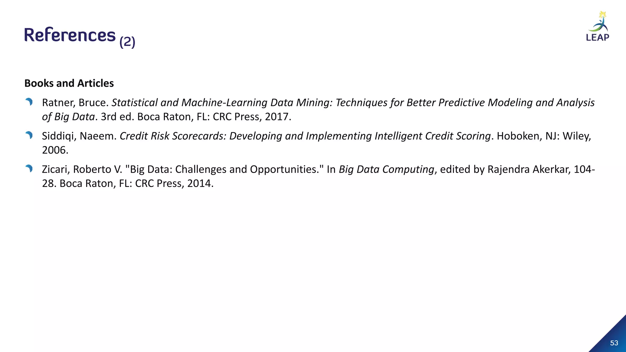 Books and Articles
Ratner, Bruce. Statistical and Machine-Learning Data Mining: Techniques for Better Predictive Modeling and Analysis
of Big Data. 3rd ed. Boca Raton, FL: CRC Press, 2017.
Siddiqi, Naeem. Credit Risk Scorecards: Developing and Implementing Intelligent Credit Scoring. Hoboken, NJ: Wiley,
2006.
Zicari, Roberto V. "Big Data: Challenges and Opportunities." In Big Data Computing, edited by Rajendra Akerkar, 104-
28. Boca Raton, FL: CRC Press, 2014.
 
