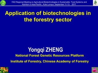 Application of biotechnologies in
the forestry sector
Yongqi ZHENG
National Forest Genetic Resources Platform
Institute of Forestry, Chinese Academy of Forestry
FAO Regional Meeting on Agricultural Biotechnologies in Sustainable Food Systems and
Nutrition in Asia-Pacific , Kula Lumpur, September 11-13， 2017
 