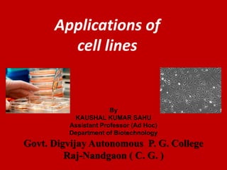 Applications of
cell lines
By
KAUSHAL KUMAR SAHU
Assistant Professor (Ad Hoc)
Department of Biotechnology
Govt. Digvijay Autonomous P. G. College
Raj-Nandgaon ( C. G. )
 