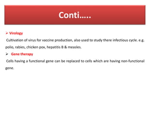 Conti…..
 Virology
Cultivation of virus for vaccine production, also used to study there infectious cycle. e.g.
polio, rabies, chicken pox, hepatitis B & measles.
 Gene therapy
Cells having a functional gene can be replaced to cells which are having non-functional
gene.
 