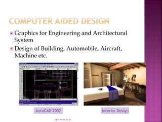  Graphics for Engineering and Architectural
System
 Design of Building, Automobile, Aircraft,
Machine etc.
cgvr.korea.ac.kr
AutoCAD 2002 Interior Design
 