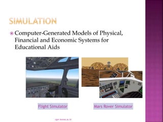  Computer-Generated Models of Physical,
Financial and Economic Systems for
Educational Aids
cgvr.korea.ac.kr
Flight Simulator Mars Rover Simulator
 