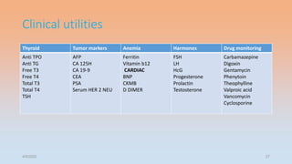 Clinical utilities
Thyroid Tumor markers Anemia Harmones Drug monitoring
Anti TPO
Anti TG
Free T3
Free T4
Total T3
Total T4
TSH
AFP
CA 125H
CA 19-9
CEA
PSA
Serum HER 2 NEU
Ferritin
Vitamin b12
CARDIAC
BNP
CKMB
D DIMER
FSH
LH
HcG
Progesterone
Prolactin
Testosterone
Carbamazepine
Digoxin
Gentamycin
Phenytoin
Theophylline
Valproic acid
Vancomycin
Cyclosporine
4/5/2022 27
 