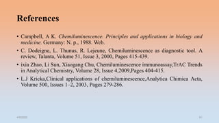 References
• Campbell, A K. Chemiluminescence. Principles and applications in biology and
medicine. Germany: N. p., 1988. Web.
• C. Dodeigne, L. Thunus, R. Lejeune, Chemiluminescence as diagnostic tool. A
review, Talanta, Volume 51, Issue 3, 2000, Pages 415-439.
• ixia Zhao, Li Sun, Xiaogang Chu, Chemiluminescence immunoassay,TrAC Trends
in Analytical Chemistry, Volume 28, Issue 4,2009,Pages 404-415.
• L.J Kricka,Clinical applications of chemiluminescence,Analytica Chimica Acta,
Volume 500, Issues 1–2, 2003, Pages 279-286.
4/5/2022 61
 