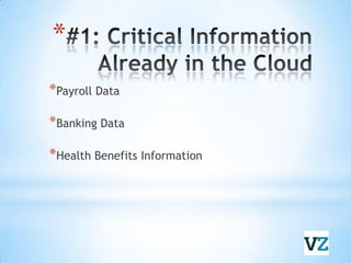 #1: Critical Information Already in the CloudPayroll DataBanking DataHealth Benefits Information