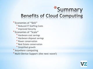 SummaryBenefits of Cloud ComputingEconomies of “Skill”Reduced IT Staffing CostsImproved SecurityEconomies of “Scale”Hardware cost savingsHardware disposal savingsPower conservationReal Estate conservationSimplified growth Anywhere computingMulti-Device Support (the next wave!)