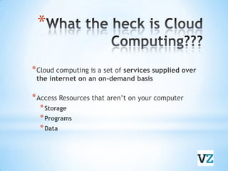 What the heck is Cloud Computing???Cloud computing is a set of services supplied over the internet on an on-demand basisAccess Resources that aren’t on your computerStorageProgramsData