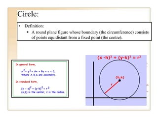 Circle:
• Definition:
 A round plane figure whose boundary (the circumference) consists
of points equidistant from a fixed point (the centre).
 