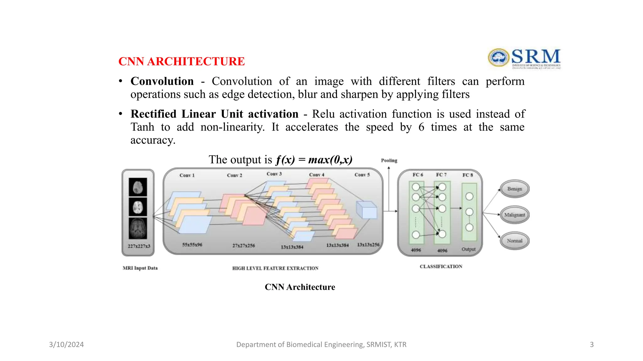 CNN ARCHITECTURE
• Convolution - Convolution of an image with different filters can perform
operations such as edge detection, blur and sharpen by applying filters
• Rectified Linear Unit activation - Relu activation function is used instead of
Tanh to add non-linearity. It accelerates the speed by 6 times at the same
accuracy.
The output is ƒ(x) = max(0,x)
CNN Architecture
3/10/2024 Department of Biomedical Engineering, SRMIST, KTR 3