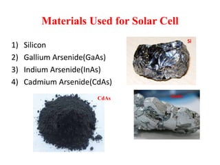Materials Used for Solar Cell
1) Silicon
2) Gallium Arsenide(GaAs)
3) Indium Arsenide(InAs)
4) Cadmium Arsenide(CdAs)
Si
GaAs
CdAs
 