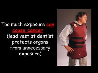 Too much exposure can
cause cancer
(lead vest at dentist
protects organs
from unnecessary
exposure)
 