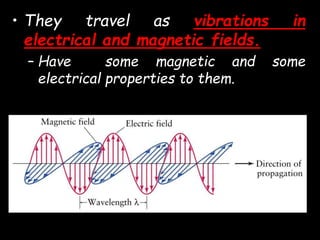 • They travel as vibrations in
electrical and magnetic fields.
– Have some magnetic and some
electrical properties to them.
 