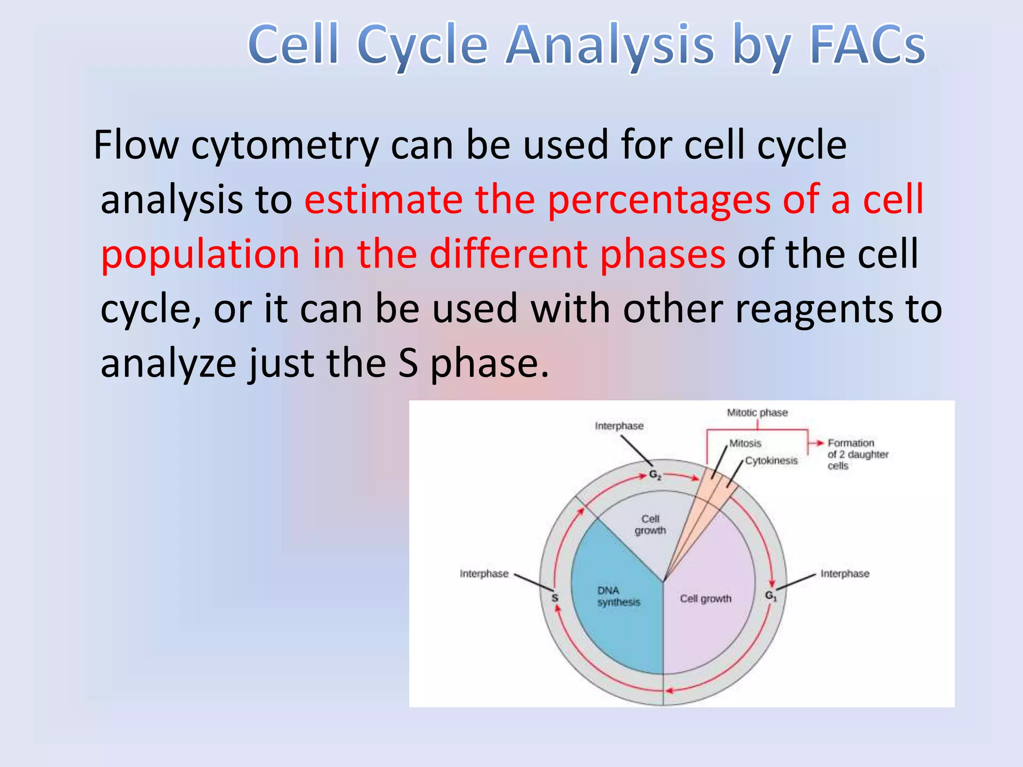 Flow cytometry can be used for cell cycle
analysis to estimate the percentages of a cell
population in the different phases of the cell
cycle, or it can be used with other reagents to
analyze just the S phase.
 