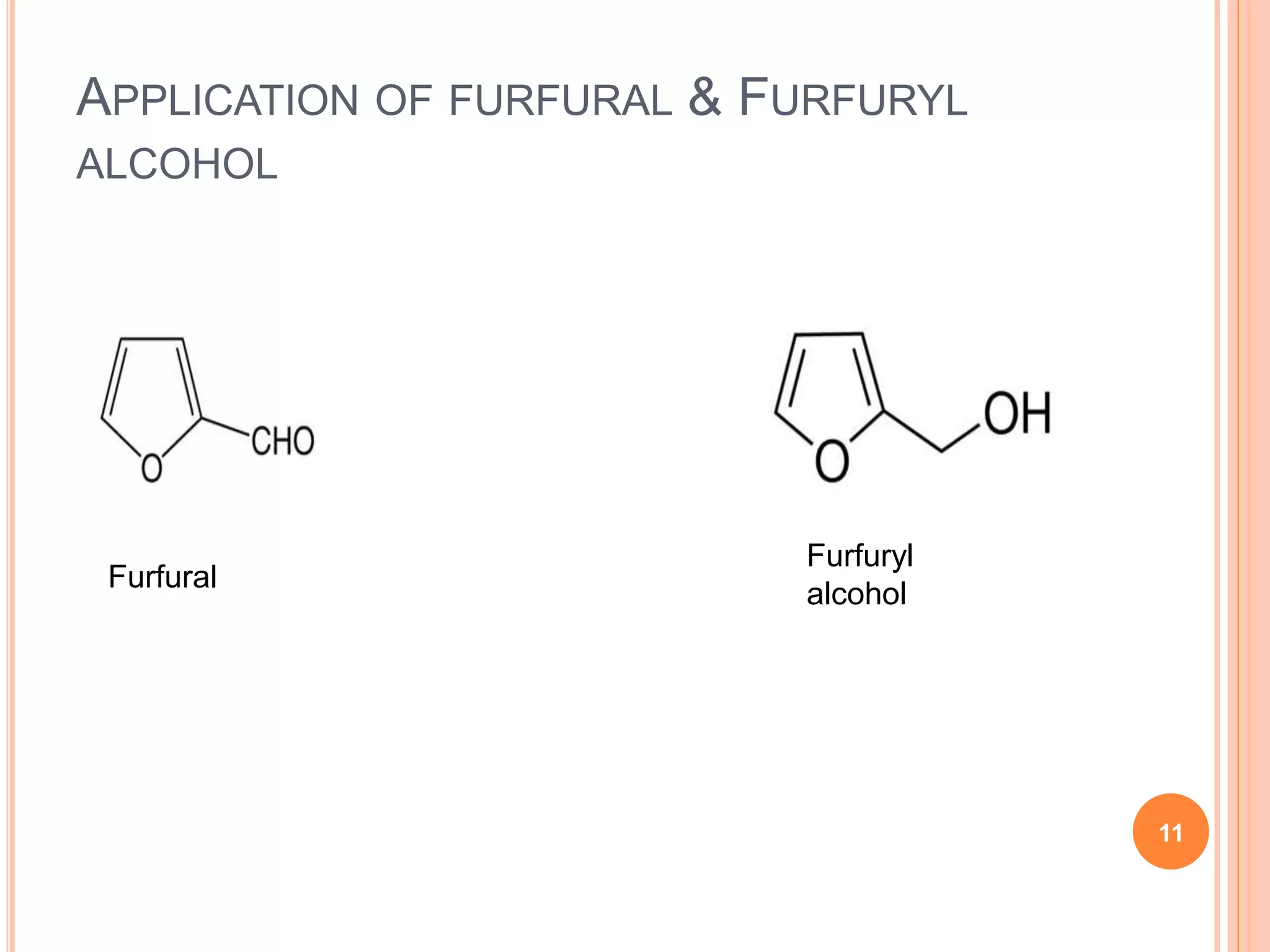 APPLICATION OF FURFURAL & FURFURYL
ALCOHOL
Furfural
Furfuryl
alcohol
11
 