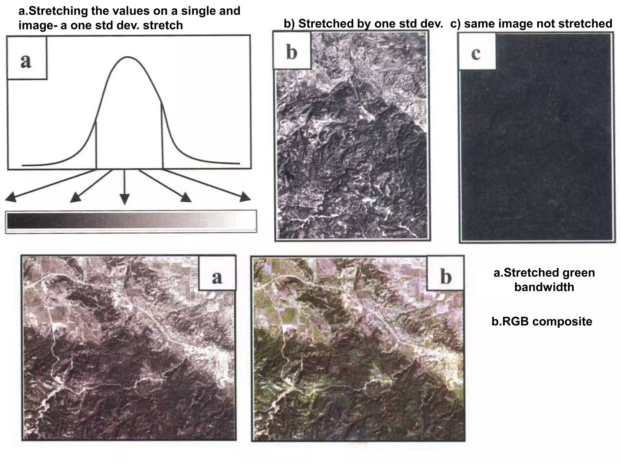 a.Stretching the values on a single and
image- a one std dev. stretch b) Stretched by one std dev. c) same image not stretched
a.Stretched green
bandwidth
b.RGB composite
 
