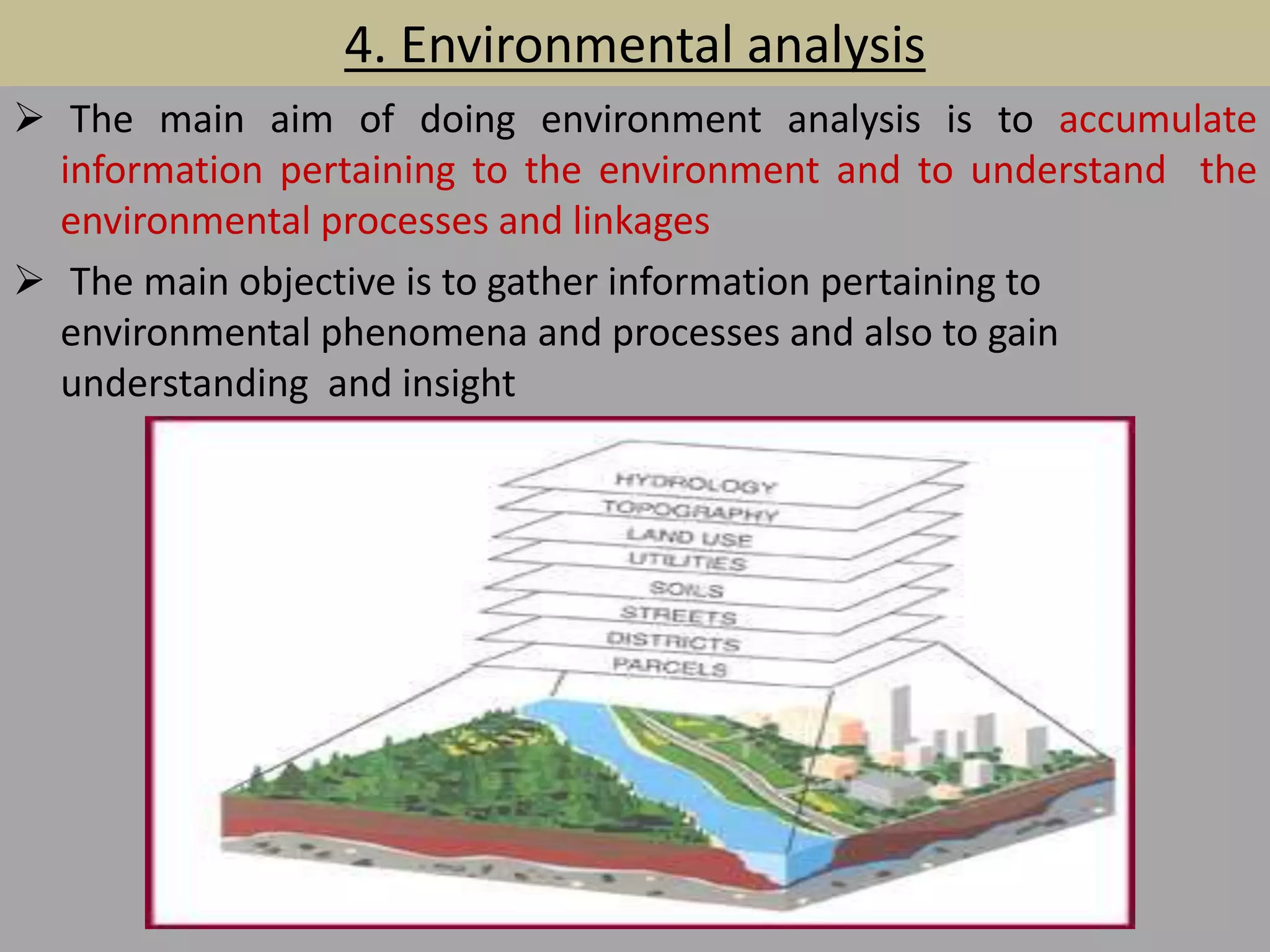 4. Environmental analysis
 The main aim of doing environment analysis is to accumulate
information pertaining to the environment and to understand the
environmental processes and linkages
 The main objective is to gather information pertaining to
environmental phenomena and processes and also to gain
understanding and insight
 