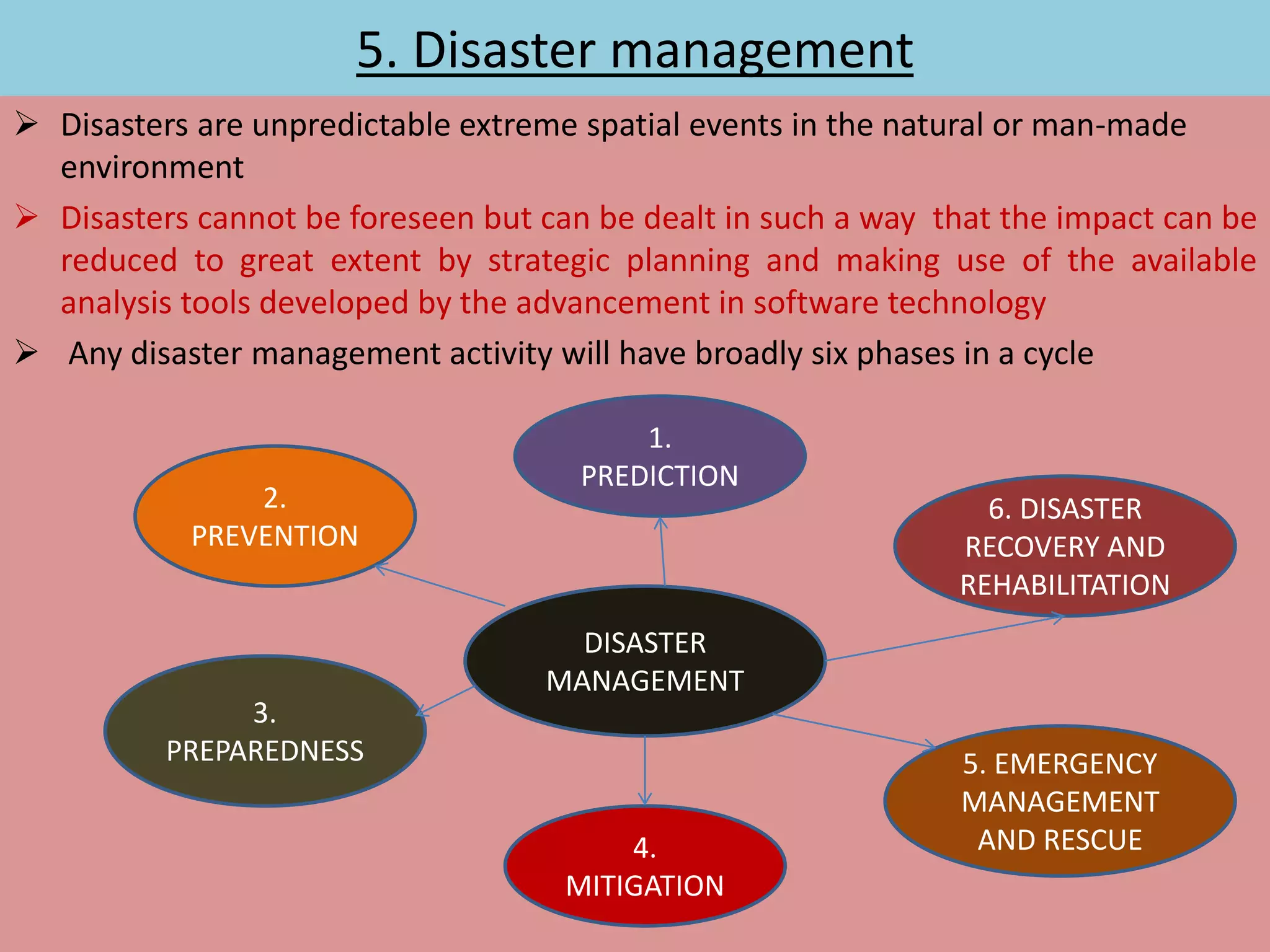5. Disaster management
 Disasters are unpredictable extreme spatial events in the natural or man-made
environment
 Disasters cannot be foreseen but can be dealt in such a way that the impact can be
reduced to great extent by strategic planning and making use of the available
analysis tools developed by the advancement in software technology
 Any disaster management activity will have broadly six phases in a cycle
DISASTER
MANAGEMENT
2.
PREVENTION
1.
PREDICTION
6. DISASTER
RECOVERY AND
REHABILITATION
3.
PREPAREDNESS
4.
MITIGATION
5. EMERGENCY
MANAGEMENT
AND RESCUE
 