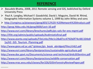 REFERENCE
 Basudeb Bhatta, 2008, 2011 Remote sensing and GIS, boblished by Oxford
University Press
 Paul A. Longley, Michael F. Goodchild, David J. Maguire, David W. Rhind,
Geographic Information Systems volume 1, 1999 by John Wiley and sons
 http://uregina.ca/piwowarj/geog303/12%20-%20Network%20Analysis.pdf
http://geog.hkbu.edu.hk/geog3600/Lect-10.pdf
http://www.esri.com/library/brochures/pdfs/gis-sols-for-env-mgmt.pdf
http://ifitt.org/admin/public/uploads/Avdimiotisfinal.pdf
http://www.aianta.org/uploads/FileLinks/94e1c28a87cc4792b0f74c481104e8
1a/A3_GIS_Tourism_Planning.pdf
http://www.geos.ed.ac.uk/~gisteac/gis_book_abridged/files/ch62.pdf
http://www.esri.com/library/bestpractices/sustainable-agriculture.pdf
http://www.doc.govt.nz/Documents/science-and technical/drds303entire.pdf
http://www.esri.com/library/bestpractices/wildlife-conservation.pdf
http://www.nrac.wvu.edu/classes/for326/GISInForestryReviewPaper.pdf
………..
 