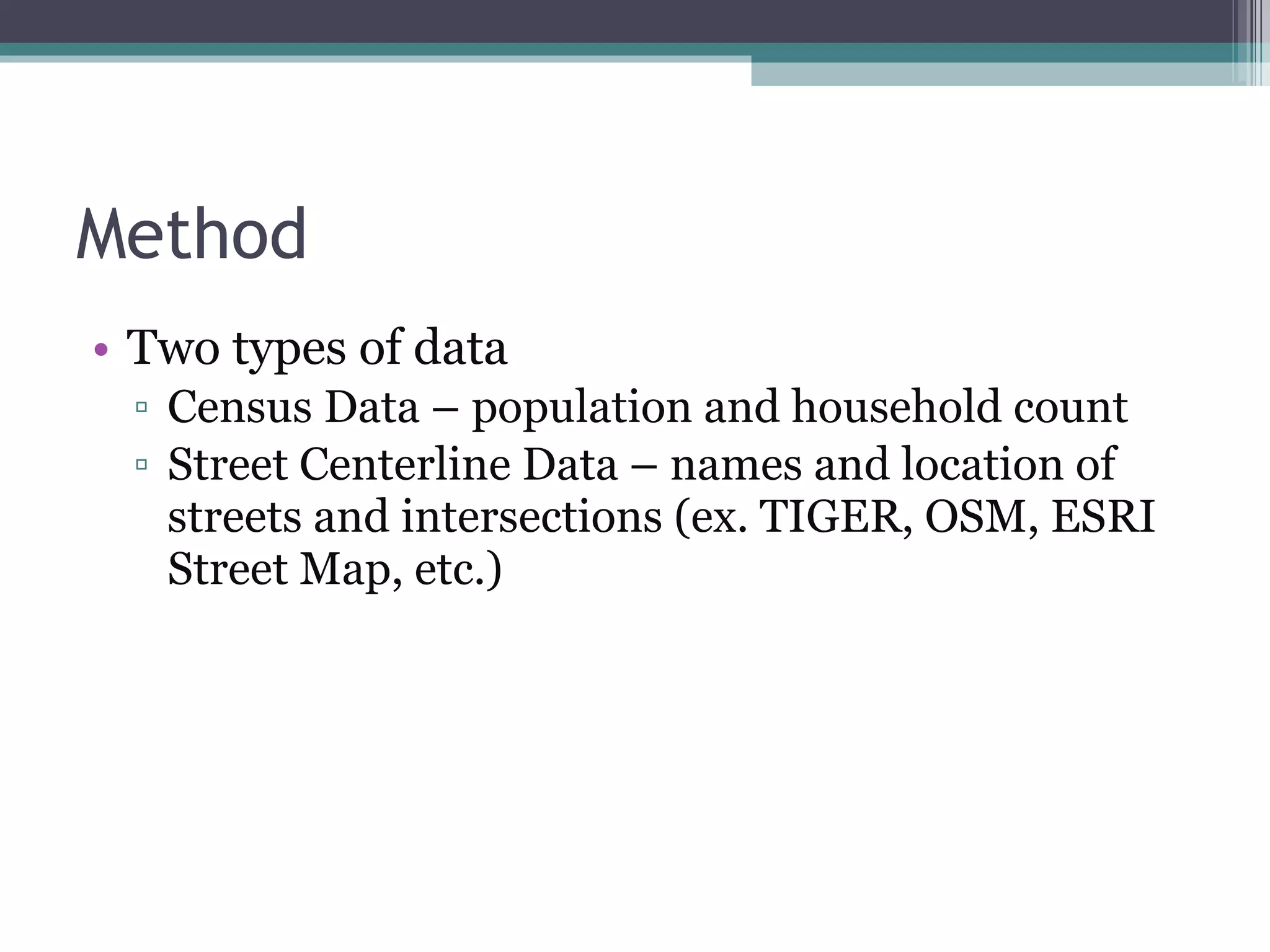 Method Two types of data Census Data – population and household count Street Centerline Data – names and location of streets and intersections (ex. TIGER, OSM, ESRI Street Map, etc.) 