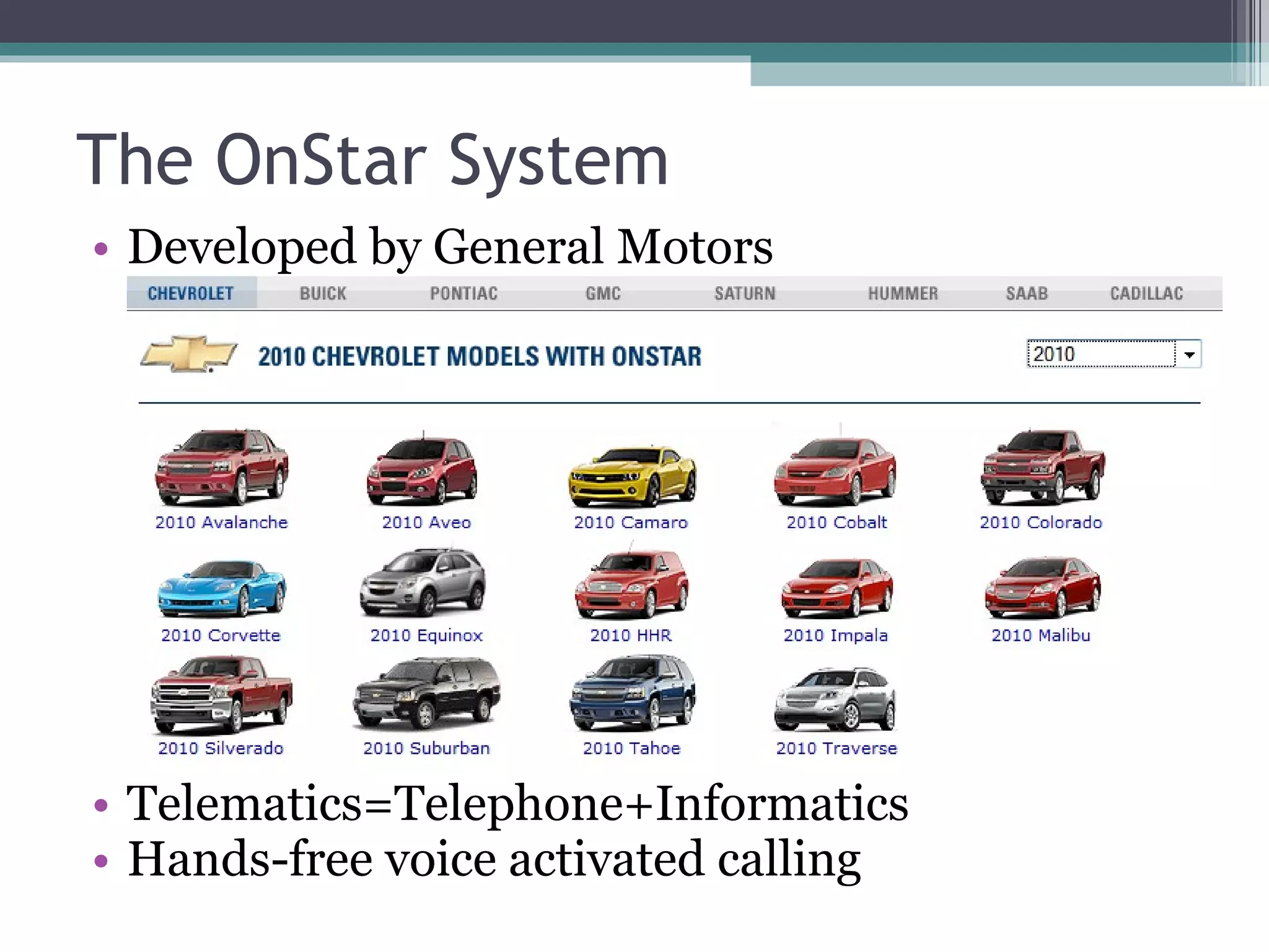 The OnStar System Developed by General Motors Telematics=Telephone+Informatics Hands-free voice activated calling 