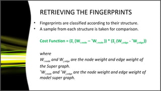 RETRIEVING THE FINGERPRINTS
•   Fingerprints are classified according to their structure.
•   A sample from each structure is taken for comparison.

    Cost Function = (Σi (Wi.node – *Wi.node )) * (Σj (Wj.edge - *Wj.edge))

    where
    Wi.node and Wj.edge are the node weight and edge weight of
    the Super graph.
    *
     Wi.node and *Wj.edge are the node weight and edge weight of
    model super graph.
 