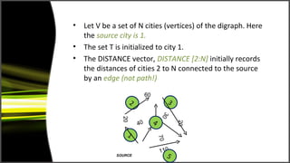 • Let V be a set of N cities (vertices) of the digraph. Here
  the source city is 1.
• The set T is initialized to city 1.
• The DISTANCE vector, DISTANCE [2:N] initially records
  the distances of cities 2 to N connected to the source
  by an edge (not path!)
                             60
                    2                      3




                                       30
               20       40        4




                                               20
                 1


                                      70
                                      110
             SOURCE                        5
 