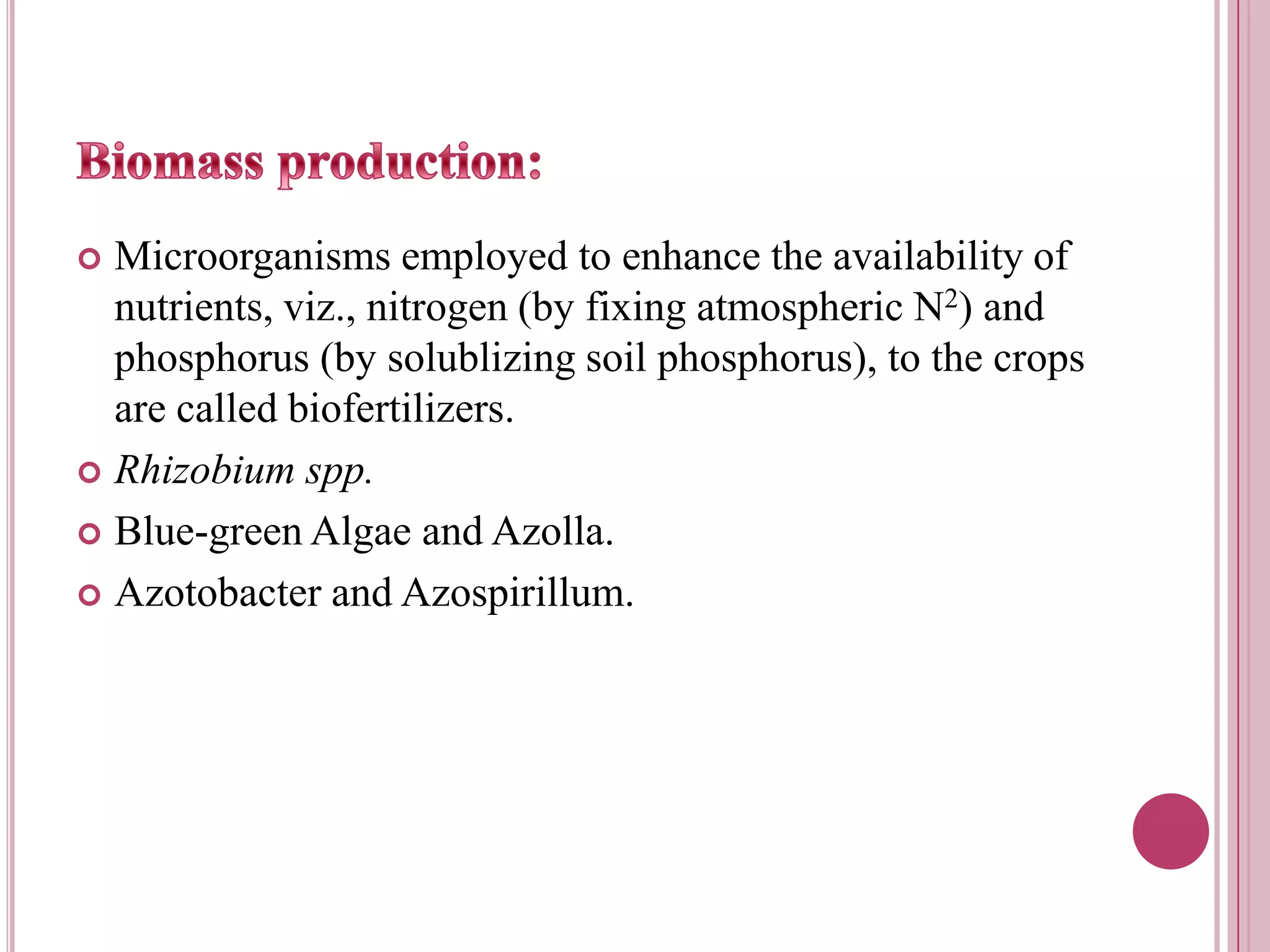 Biomass production:Microorganisms employed to enhance the availability of nutrients, viz., nitrogen (by fixing atmospheric N2) and phosphorus (by solublizing soil phosphorus), to the crops are called biofertilizers.Rhizobium spp.Blue-green Algae and Azolla.Azotobacter and Azospirillum.