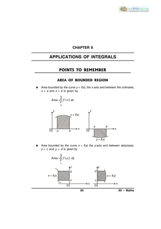 85 XII – Maths
CHAPTER 8
APPLICATIONS OF INTEGRALS
POINTS TO REMEMBER
AREA OF BOUNDED REGION
 Area bounded by the curve y...