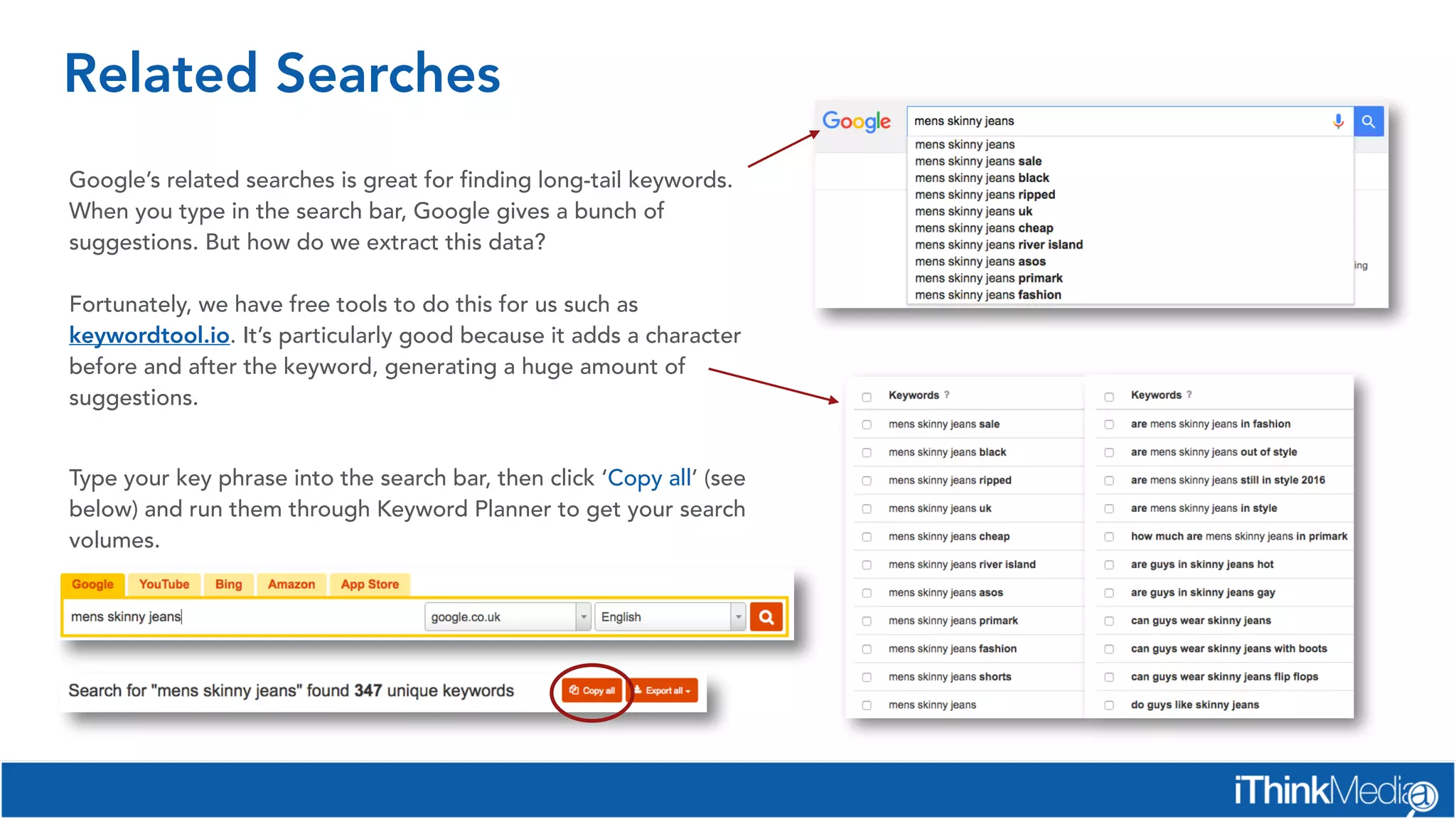 Related Searches
Google’s related searches is great for finding long-tail keywords.
When you type in the search bar, Google gives a bunch of
suggestions. But how do we extract this data?
Fortunately, we have free tools to do this for us such as
keywordtool.io. It’s particularly good because it adds a character
before and after the keyword, generating a huge amount of
suggestions.
Type your key phrase into the search bar, then click ‘Copy all’ (see
below) and run them through Keyword Planner to get your search
volumes.
 