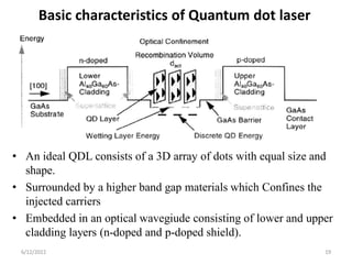 Basic characteristics of Quantum dot laser
• An ideal QDL consists of a 3D array of dots with equal size and
shape.
• Surrounded by a higher band gap materials which Confines the
injected carriers
• Embedded in an optical wavegiude consisting of lower and upper
cladding layers (n-doped and p-doped shield).
6/12/2022 19
 