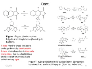 Cont.
Figure T-type photochromes: azobenzene, spiropyran,
spirooxazine, and naphthopyran (from top to bottom).
Figure P-type photochromes:
fulgide and diarylethene (from top to
bottom).
T-type refers to those that could
undergo thermally decoloration.
P-type photochromism is thermally
irreversible, that is, all coloration
and decoloration processes are
driven only by light.
6/12/2022 40
 