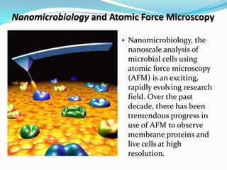 Nanomicrobiology and Atomic Force Microscopy

                          Nanomicrobiology, the
                           nanoscale analysis of
                           microbial cells using
                           atomic force microscopy
                           (AFM) is an exciting,
                           rapidly evolving research
                           field. Over the past
                           decade, there has been
                           tremendous progress in
                           use of AFM to observe
                           membrane proteins and
                           live cells at high
                           resolution.
 