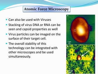 Atomic Force Microscopy

 Can also be used with Viruses
 Stacking of virus DNA or RNA can be
  seen and capsid properties as well
 Virus particles can be imaged on the
  surface of their target cell.
 The overall stability of this
  technology can be integrated with
  other microscopes and be used
  simultaneously.
 