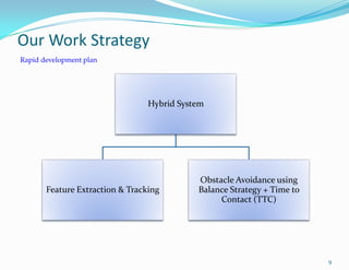 Hybrid System
Feature Extraction & Tracking
Obstacle Avoidance using
Balance Strategy + Time to
Contact (TTC)
Rapid development plan
Our Work Strategy
9
 