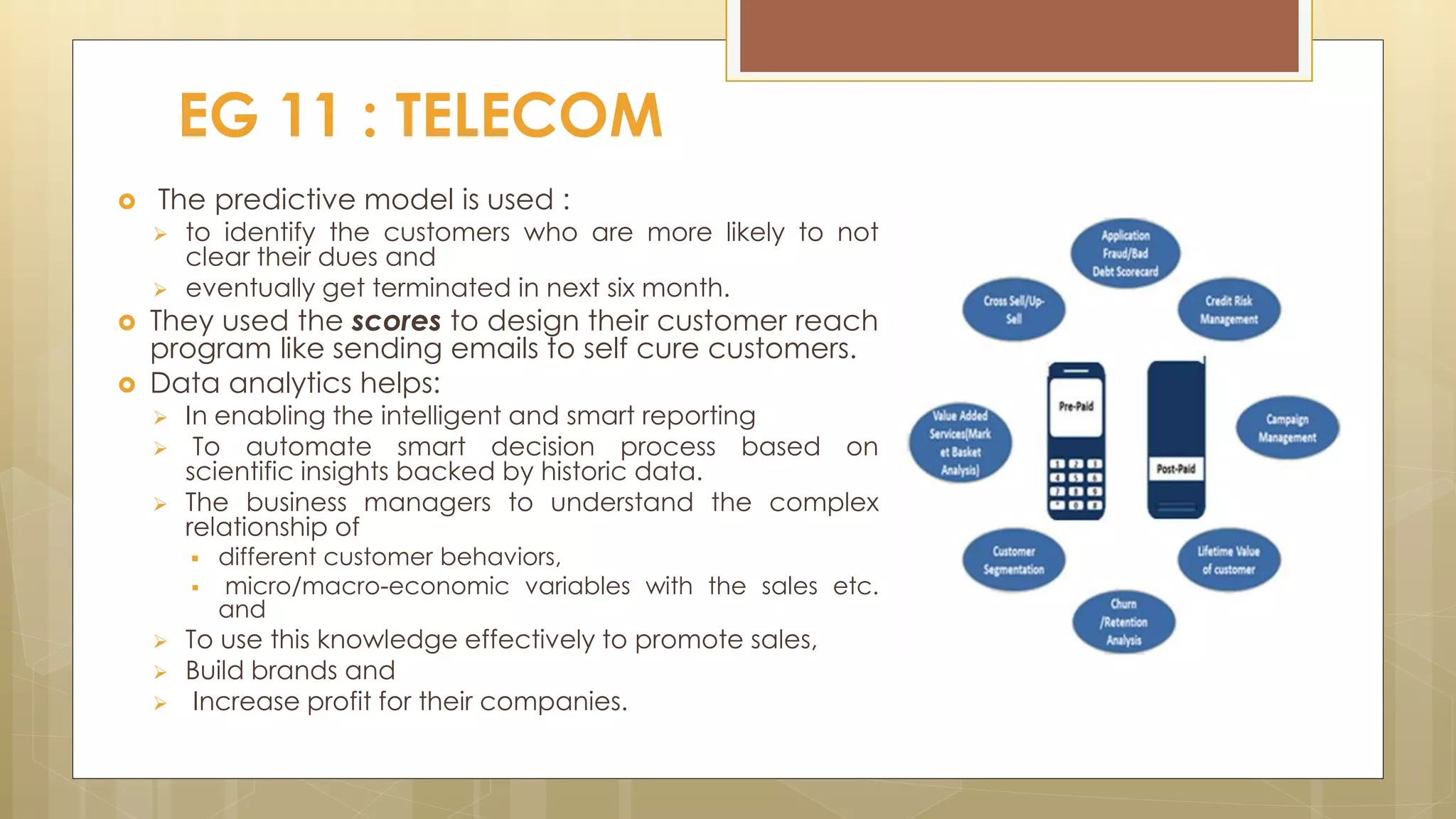  The predictive model is used :
 to identify the customers who are more likely to not
clear their dues and
 eventually get terminated in next six month.
 They used the scores to design their customer reach
program like sending emails to self cure customers.
 Data analytics helps:
 In enabling the intelligent and smart reporting
 To automate smart decision process based on
scientific insights backed by historic data.
 The business managers to understand the complex
relationship of
 different customer behaviors,
 micro/macro-economic variables with the sales etc.
and
 To use this knowledge effectively to promote sales,
 Build brands and
 Increase profit for their companies.
EG 11 : TELECOM
 