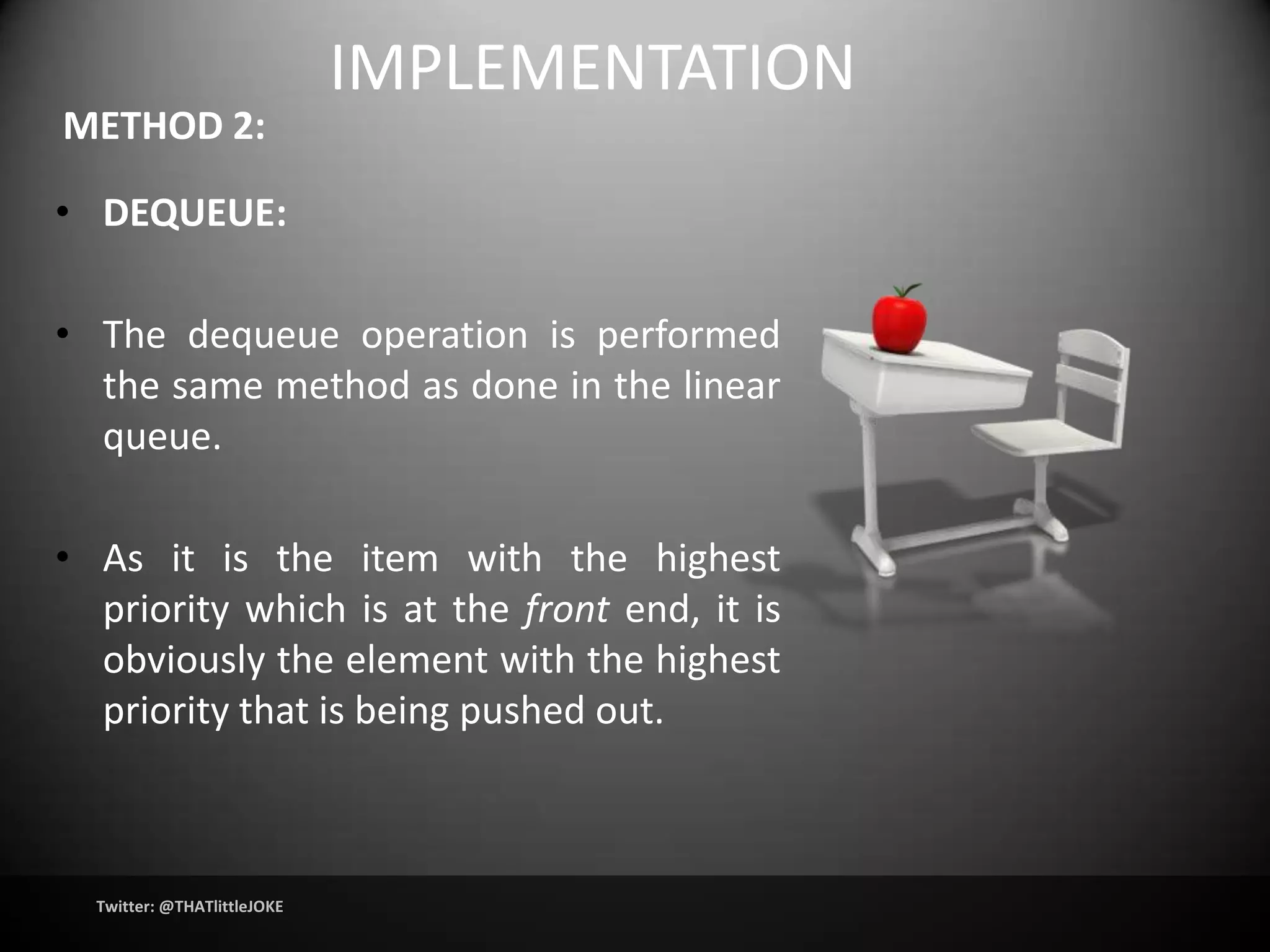 IMPLEMENTATION
METHOD 2:

• DEQUEUE:

• The dequeue operation is performed
  the same method as done in the linear
  queue.

• As it is the item with the highest
  priority which is at the front end, it is
  obviously the element with the highest
  priority that is being pushed out.



  Twitter: @THATlittleJOKE
 