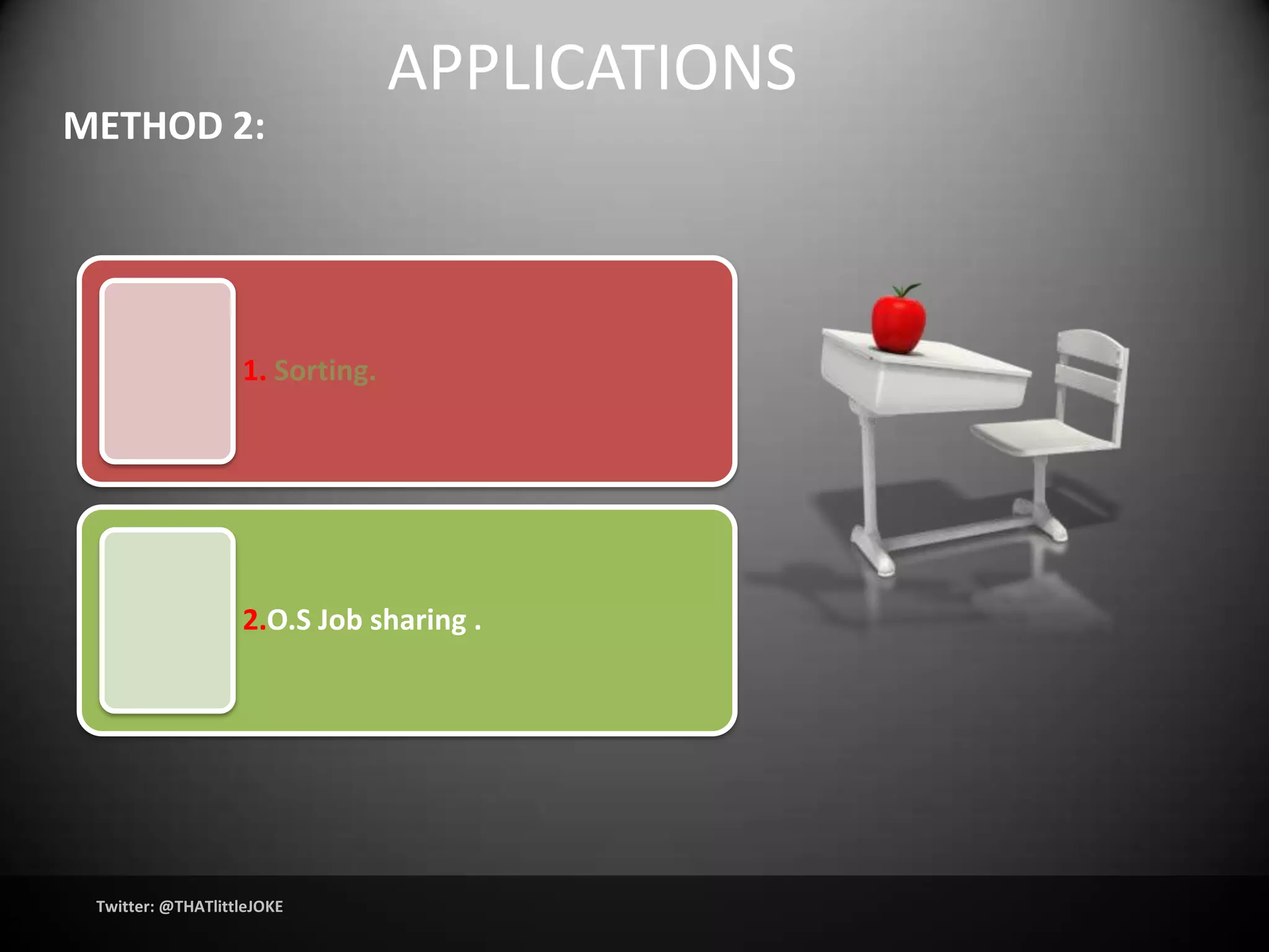 APPLICATIONS
METHOD 2:




                   1. Sorting.




                   2.O.S Job sharing .




 Twitter: @THATlittleJOKE
 