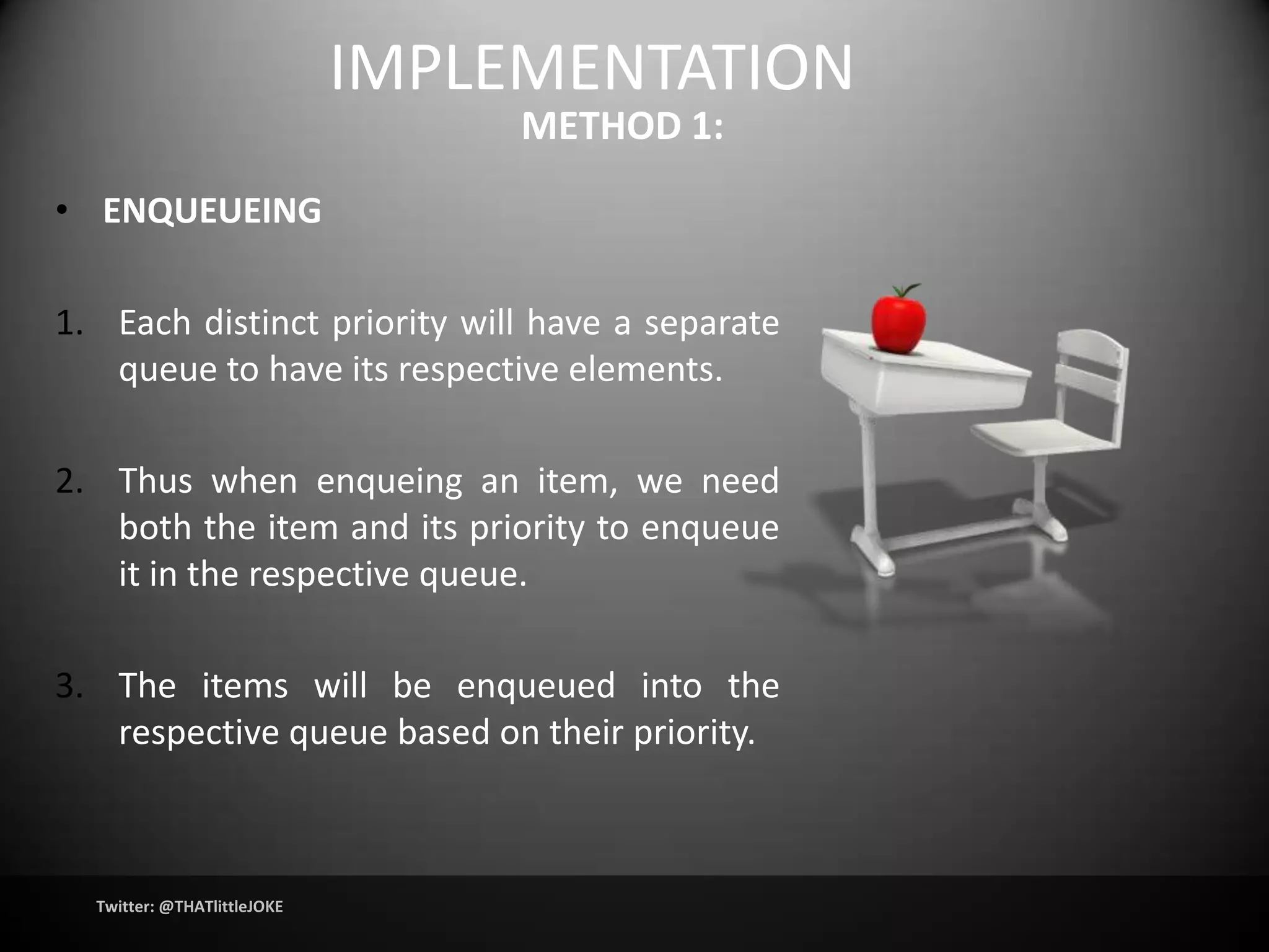 IMPLEMENTATION
                                  METHOD 1:
• ENQUEUEING

1. Each distinct priority will have a separate
   queue to have its respective elements.

2. Thus when enqueing an item, we need
   both the item and its priority to enqueue
   it in the respective queue.

3. The items will be enqueued into the
   respective queue based on their priority.



  Twitter: @THATlittleJOKE
 