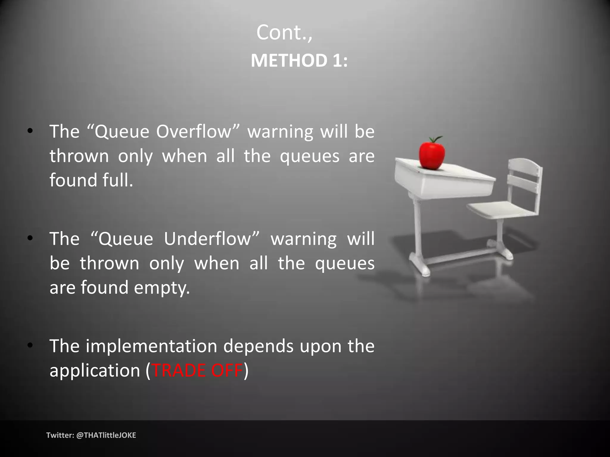 Cont.,
                             METHOD 1:


• The “Queue Overflow” warning will be
  thrown only when all the queues are
  found full.

• The “Queue Underflow” warning will
  be thrown only when all the queues
  are found empty.

• The implementation depends upon the
  application (TRADE OFF)


  Twitter: @THATlittleJOKE
 