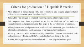 Criteria for production of Hepatitis B vaccine
• After infection in human being, HBV fails to multiply and infect a large number of
cells and even does not grow in cultured cells.
• Rather, HB viral antigen is obtained from the plasma of infected persons.
• This property has been explained to be due to hindrance of its molecular
characterization and expression, and thus helps in the development of vaccines.
• Although the whole viral genome can be cloned and sequenced, yet there is limited
information about amino acid sequence of surface and core antigens.
• Recently, HBV DNA has been successfully cloned in E. coli and mammalian cells,
and synthesis of HBsAg and HBcAg particles has been done in the cells.
• In 1981, HBcAg genes were inserted in PBR322 near β- galactosidase gene.
26
 