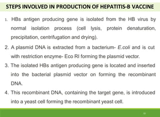 STEPS INVOLVED IN PRODUCTION OF HEPATITIS-B VACCINE
15
1. HBs antigen producing gene is isolated from the HB virus by
normal isolation process (cell lysis, protein denaturation,
precipitation, centrifugation and drying).
2. A plasmid DNA is extracted from a bacterium- E.coli and is cut
with restriction enzyme- Eco RI forming the plasmid vector.
3. The isolated HBs antigen producing gene is located and inserted
into the bacterial plasmid vector on forming the recombinant
DNA.
4. This recombinant DNA, containing the target gene, is introduced
into a yeast cell forming the recombinant yeast cell.
 