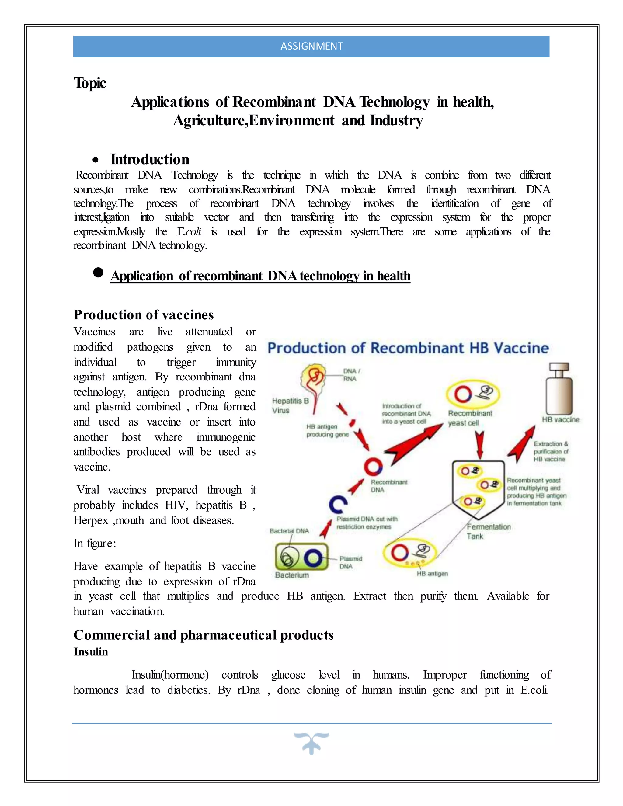 ASSIGNMENT
Topic
Applications of Recombinant DNA Technology in health,
Agriculture,Environment and Industry
 Introduction
Recombinant DNA Technology is the technique in which the DNA is combine from two different
sources,to make new combinations.Recombinant DNA molecule formed through recombinant DNA
technology.The process of recombinant DNA technology involves the identification of gene of
interest,ligation into suitable vector and then transferring into the expression system for the proper
expression.Mostly the E.coli is used for the expression system.There are some applications of the
recombinant DNA technology.
 Application ofrecombinant DNAtechnology in health
Production of vaccines
Vaccines are live attenuated or
modified pathogens given to an
individual to trigger immunity
against antigen. By recombinant dna
technology, antigen producing gene
and plasmid combined , rDna formed
and used as vaccine or insert into
another host where immunogenic
antibodies produced will be used as
vaccine.
Viral vaccines prepared through it
probably includes HIV, hepatitis B ,
Herpex ,mouth and foot diseases.
In figure:
Have example of hepatitis B vaccine
producing due to expression of rDna
in yeast cell that multiplies and produce HB antigen. Extract then purify them. Available for
human vaccination.
Commercial and pharmaceutical products
Insulin
Insulin(hormone) controls glucose level in humans. Improper functioning of
hormones lead to diabetics. By rDna , done cloning of human insulin gene and put in E.coli.
 