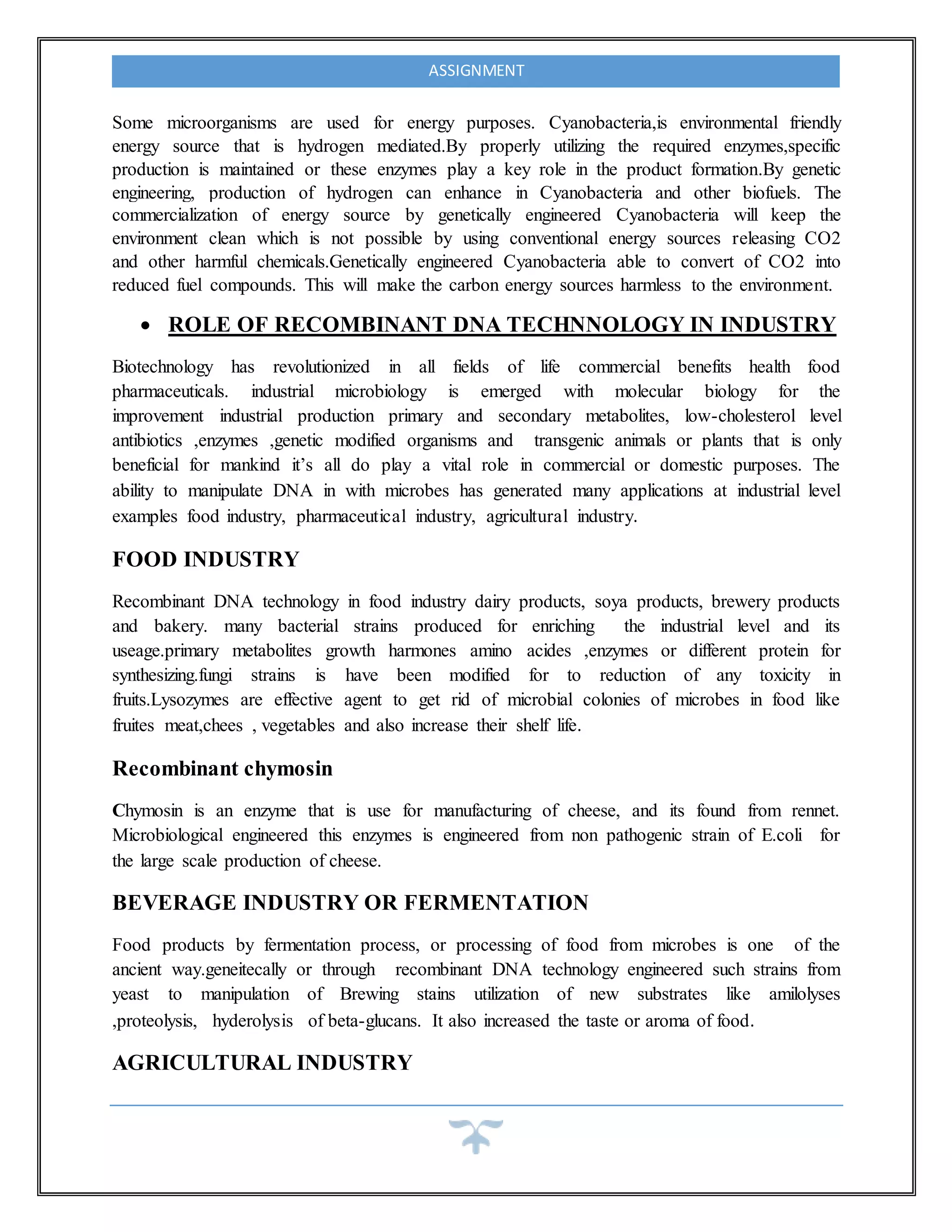 ASSIGNMENT
Some microorganisms are used for energy purposes. Cyanobacteria,is environmental friendly
energy source that is hydrogen mediated.By properly utilizing the required enzymes,specific
production is maintained or these enzymes play a key role in the product formation.By genetic
engineering, production of hydrogen can enhance in Cyanobacteria and other biofuels. The
commercialization of energy source by genetically engineered Cyanobacteria will keep the
environment clean which is not possible by using conventional energy sources releasing CO2
and other harmful chemicals.Genetically engineered Cyanobacteria able to convert of CO2 into
reduced fuel compounds. This will make the carbon energy sources harmless to the environment.
 ROLE OF RECOMBINANT DNA TECHNNOLOGY IN INDUSTRY
Biotechnology has revolutionized in all fields of life commercial benefits health food
pharmaceuticals. industrial microbiology is emerged with molecular biology for the
improvement industrial production primary and secondary metabolites, low-cholesterol level
antibiotics ,enzymes ,genetic modified organisms and transgenic animals or plants that is only
beneficial for mankind it’s all do play a vital role in commercial or domestic purposes. The
ability to manipulate DNA in with microbes has generated many applications at industrial level
examples food industry, pharmaceutical industry, agricultural industry.
FOOD INDUSTRY
Recombinant DNA technology in food industry dairy products, soya products, brewery products
and bakery. many bacterial strains produced for enriching the industrial level and its
useage.primary metabolites growth harmones amino acides ,enzymes or different protein for
synthesizing.fungi strains is have been modified for to reduction of any toxicity in
fruits.Lysozymes are effective agent to get rid of microbial colonies of microbes in food like
fruites meat,chees , vegetables and also increase their shelf life.
Recombinant chymosin
Chymosin is an enzyme that is use for manufacturing of cheese, and its found from rennet.
Microbiological engineered this enzymes is engineered from non pathogenic strain of E.coli for
the large scale production of cheese.
BEVERAGE INDUSTRY OR FERMENTATION
Food products by fermentation process, or processing of food from microbes is one of the
ancient way.geneitecally or through recombinant DNA technology engineered such strains from
yeast to manipulation of Brewing stains utilization of new substrates like amilolyses
,proteolysis, hyderolysis of beta-glucans. It also increased the taste or aroma of food.
AGRICULTURAL INDUSTRY
 
