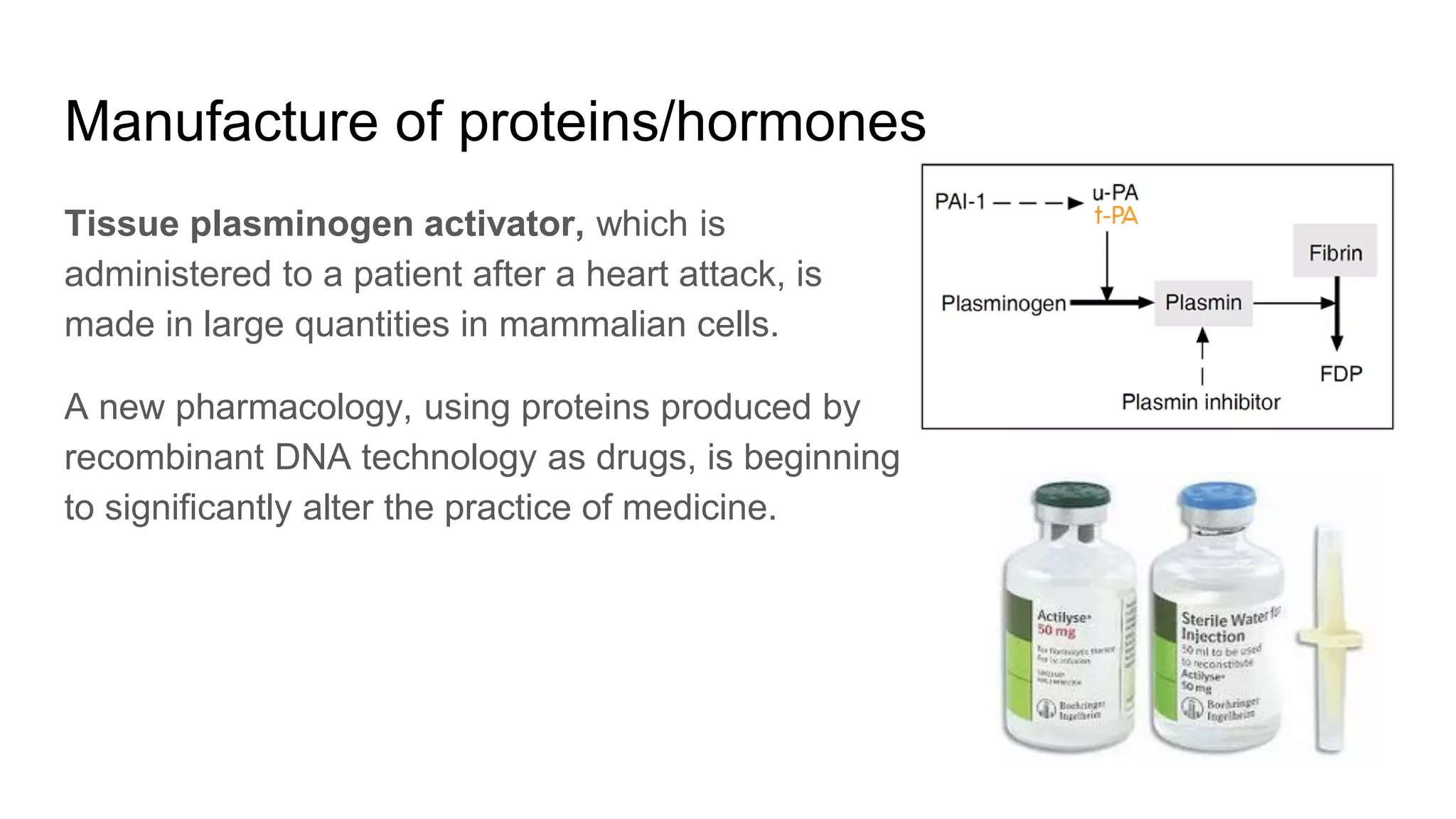 Manufacture of proteins/hormones
Tissue plasminogen activator, which is
administered to a patient after a heart attack, is
made in large quantities in mammalian cells.
A new pharmacology, using proteins produced by
recombinant DNA technology as drugs, is beginning
to significantly alter the practice of medicine.
 