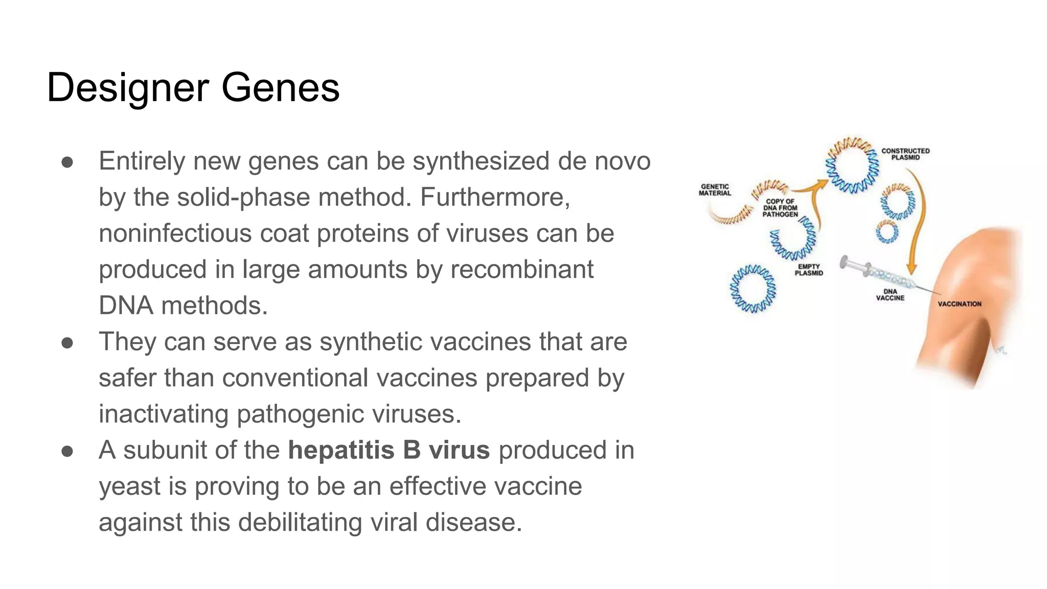 Designer Genes
● Entirely new genes can be synthesized de novo
by the solid-phase method. Furthermore,
noninfectious coat proteins of viruses can be
produced in large amounts by recombinant
DNA methods.
● They can serve as synthetic vaccines that are
safer than conventional vaccines prepared by
inactivating pathogenic viruses.
● A subunit of the hepatitis B virus produced in
yeast is proving to be an effective vaccine
against this debilitating viral disease.
 