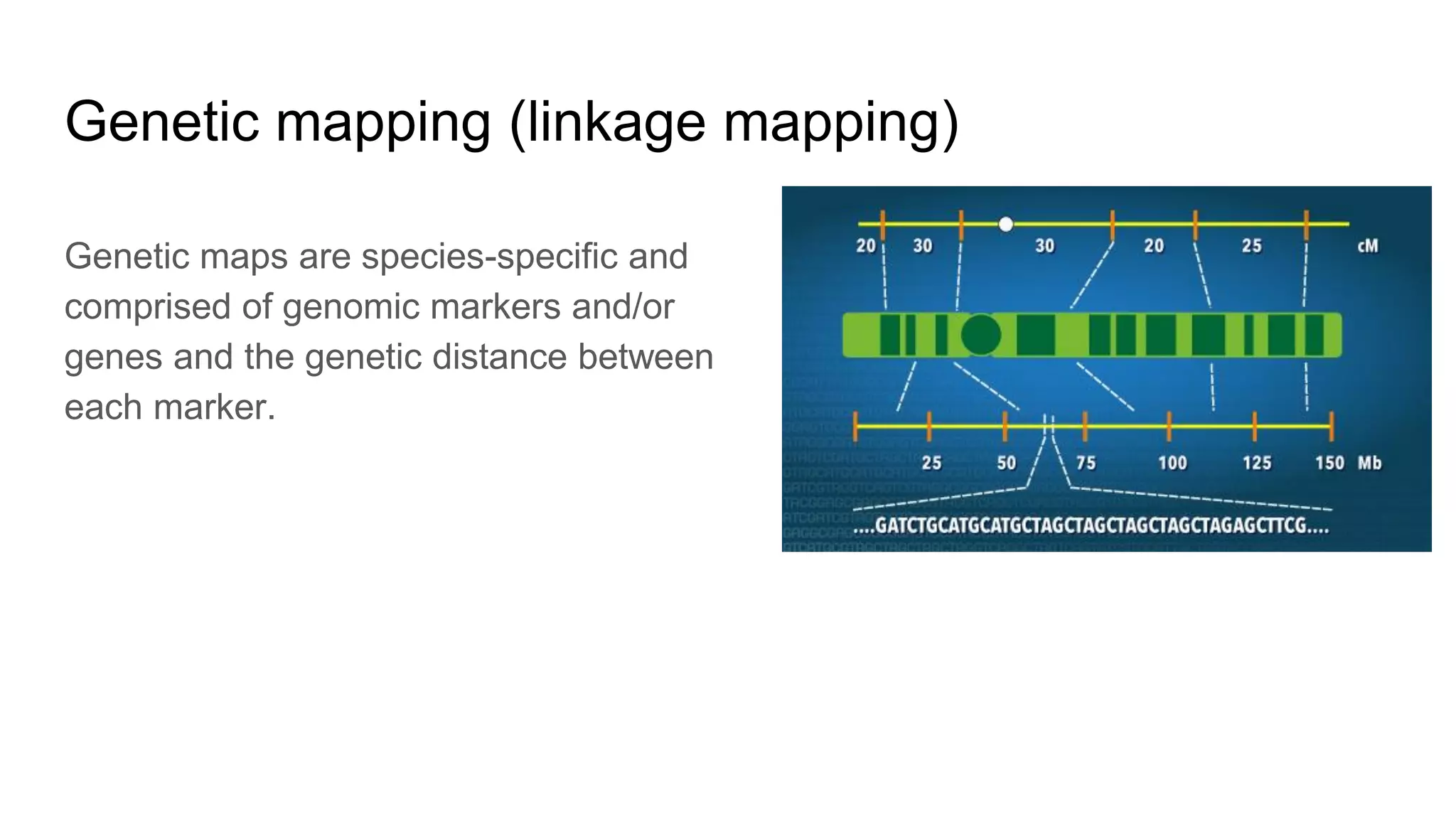 Genetic mapping (linkage mapping)
Genetic maps are species-specific and
comprised of genomic markers and/or
genes and the genetic distance between
each marker.
 